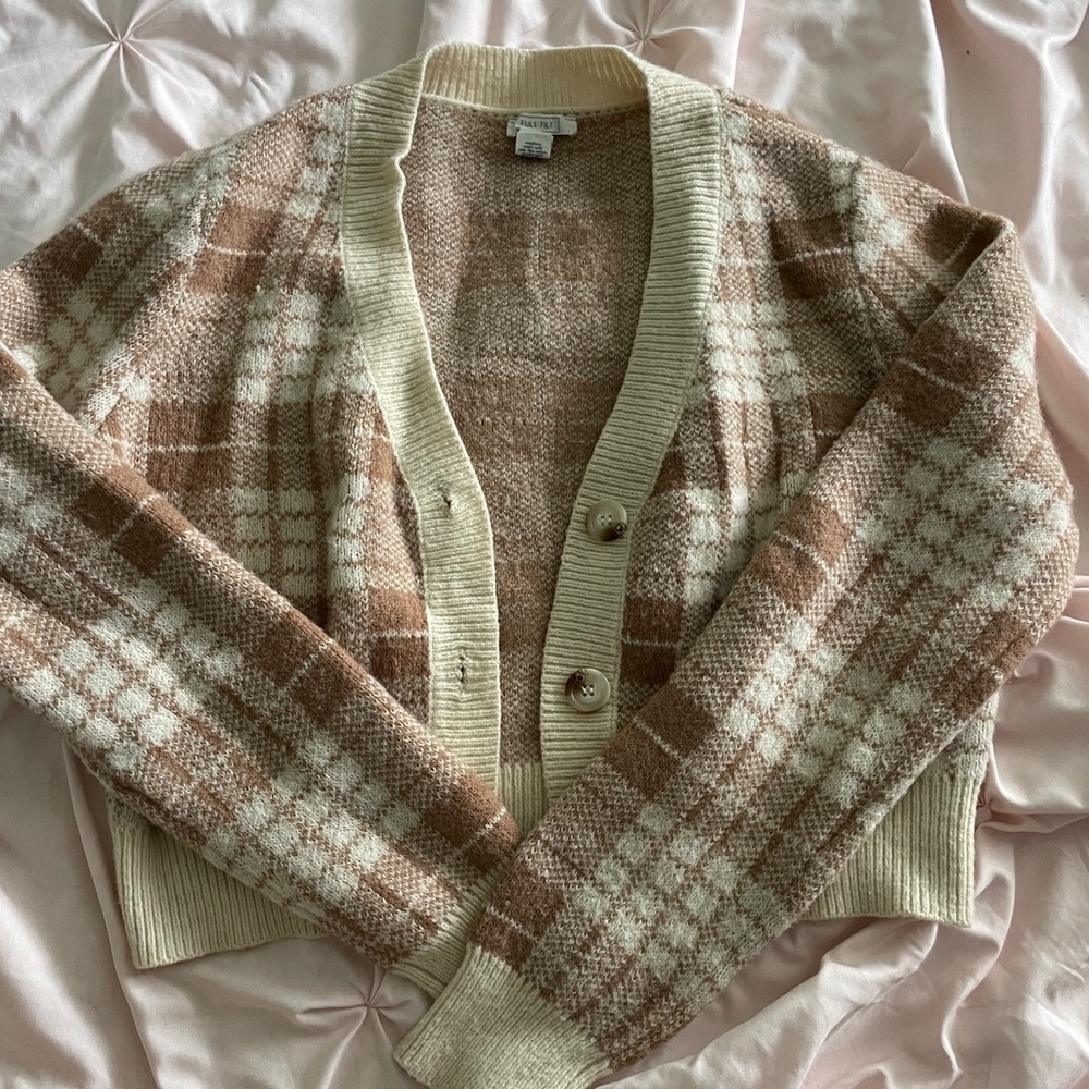 creme plaid cardigan with buttons from tillys